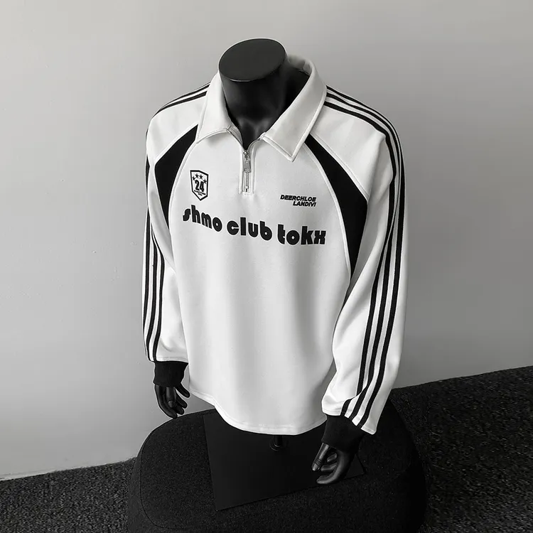 美式半拉链polo衫长袖t恤男秋季拼接字母印花翻领落肩袖秋季长袖