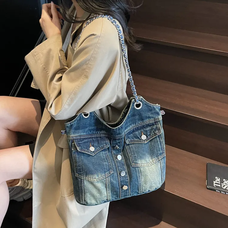 复古辣妹风水洗牛仔链条包时尚纽扣单肩斜挎包特色腋下包跨境批发