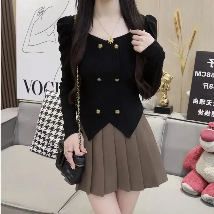 WD纯欲衬衣法式小香风双排扣开叉修身显瘦针织上衣女春秋冬季新款