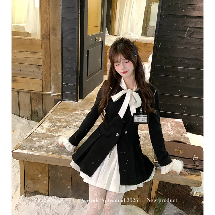 东城学姐 织物猪原创 学院风西装黑白收腰显瘦外套连衣裙显瘦短裤