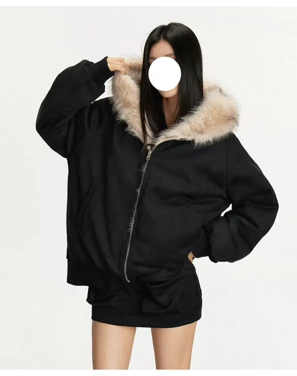 【西西专属】冬季外套加厚毛领连帽开衫卫衣韩系百搭保暖棉服外套 AM25685