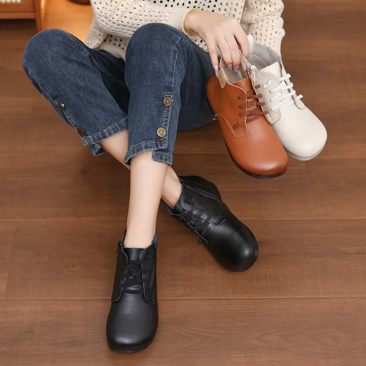 2025新款头层牛皮秋冬短靴牛筋软底舒适防滑圆头侧拉链时尚靴子