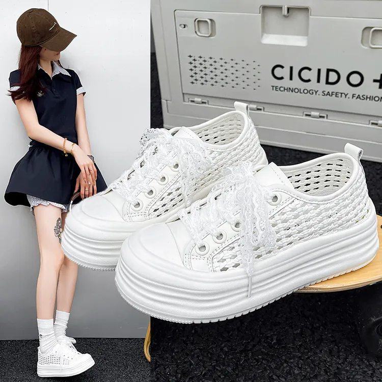软底舒适板鞋女2025夏季新款厚底增高镂空透气百搭休闲圆头小白鞋