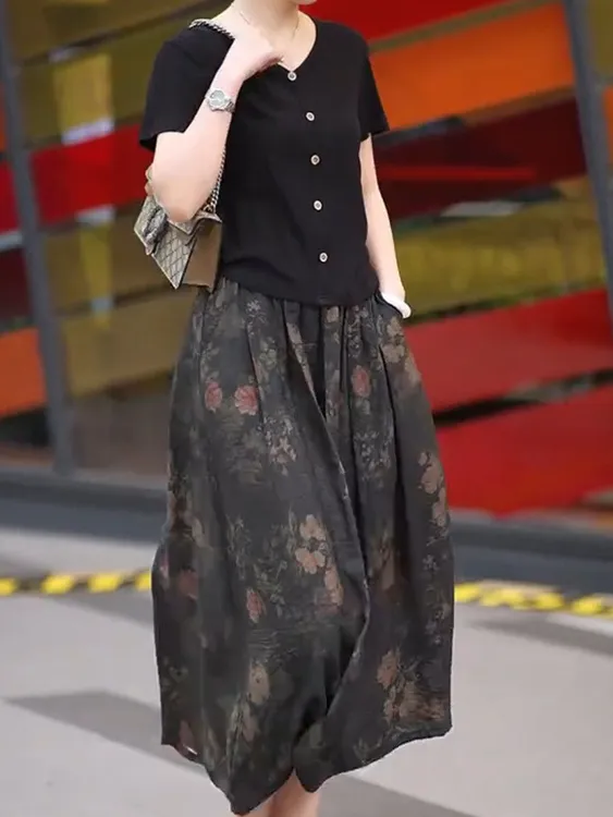 小众简约百搭气质森女爆款短袖显瘦外穿气质印花半身裙X167+Q242
