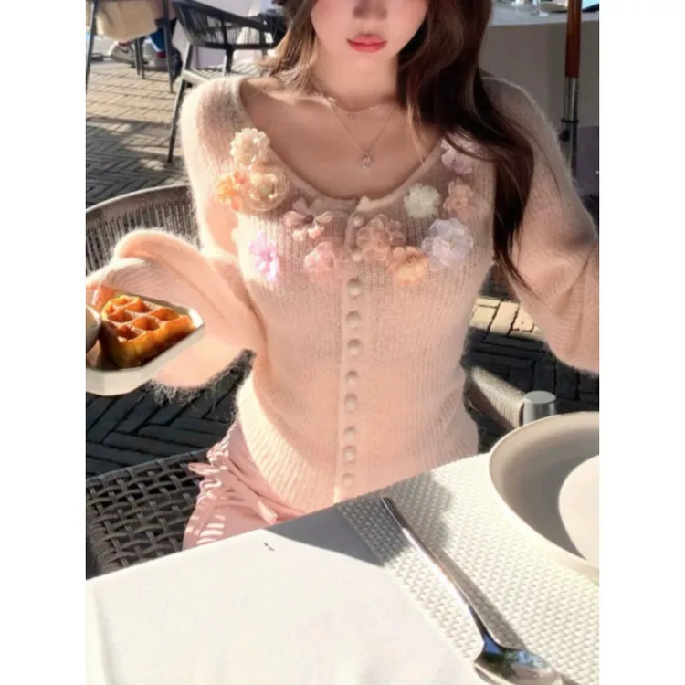 YUNSHU花开半夏 手工订花马海毛针织开衫女秋季外穿绝美毛衣上衣