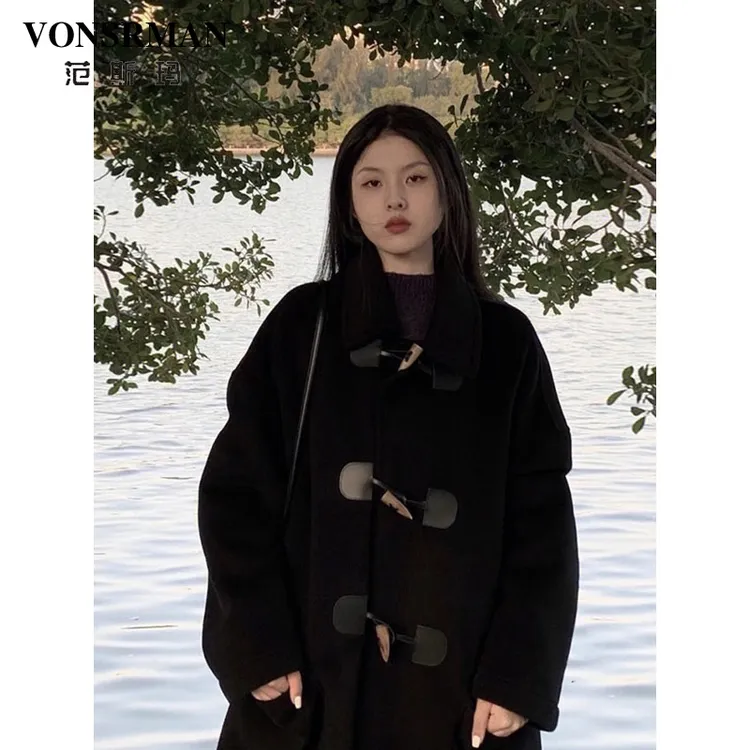 牛角扣毛呢大衣女2025新款秋冬时尚小个子高级感气质韩系百搭外套