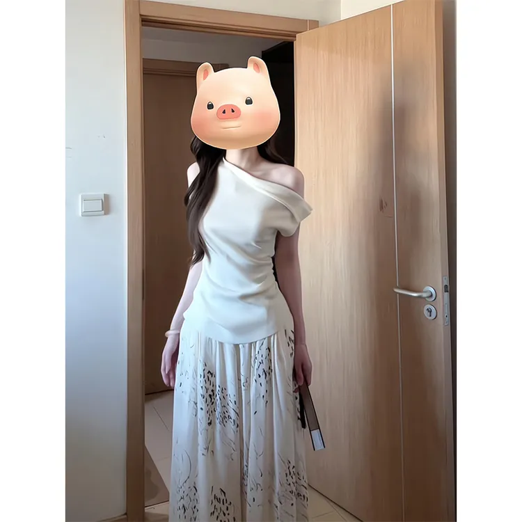 2025新款女士夏季时尚不规则气质斜肩短袖T恤上衣高腰宽松阔腿裤