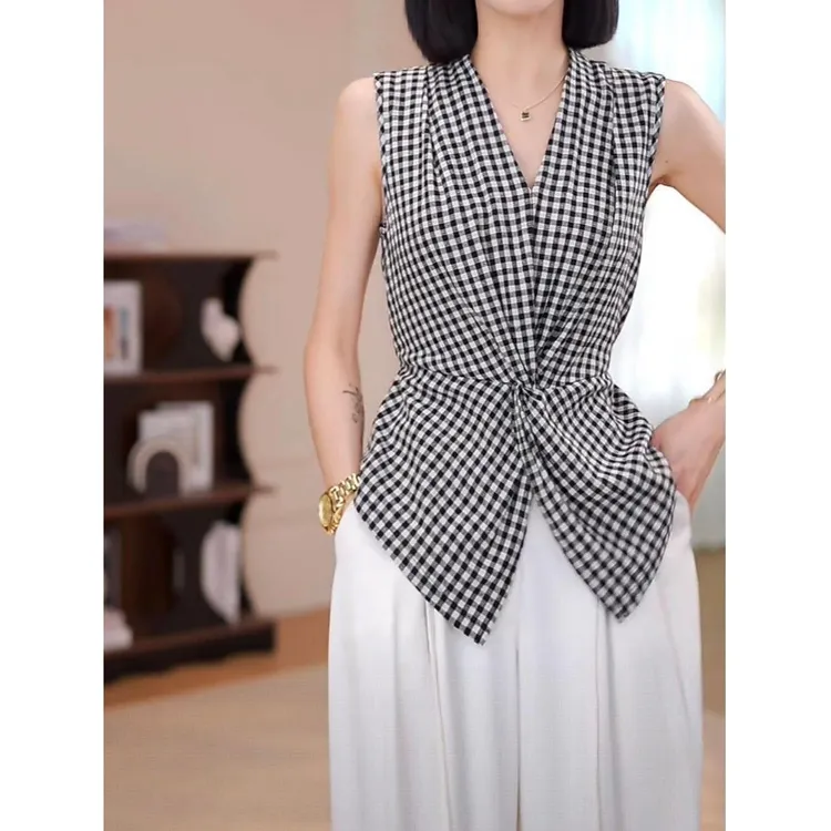 设计感扭结复古黑白格子背心马甲女收腰显瘦无袖上衣马夹