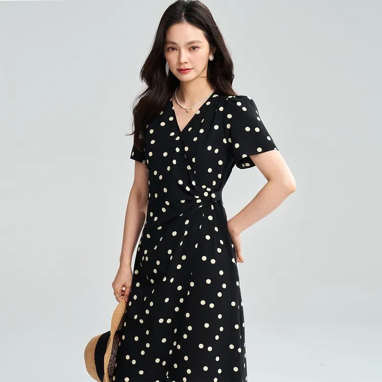25夏新款泡泡袖黑色波点连衣收腰V领显瘦雪纺裙女涤纶数码印花S否