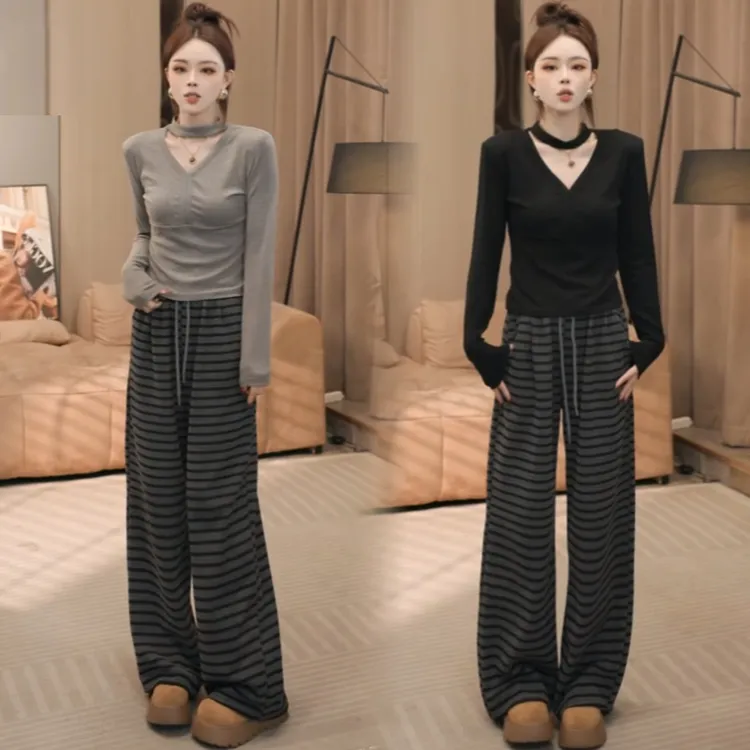 时尚休闲套装女2025秋季新款洋气显瘦条纹T恤高腰阔腿裤两件套潮
