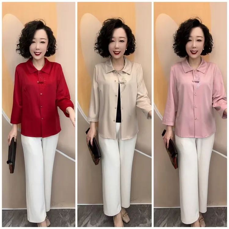 816新款初夏薄款小盘扣中老年宽松大码休闲百搭开衫衬衫衣长66