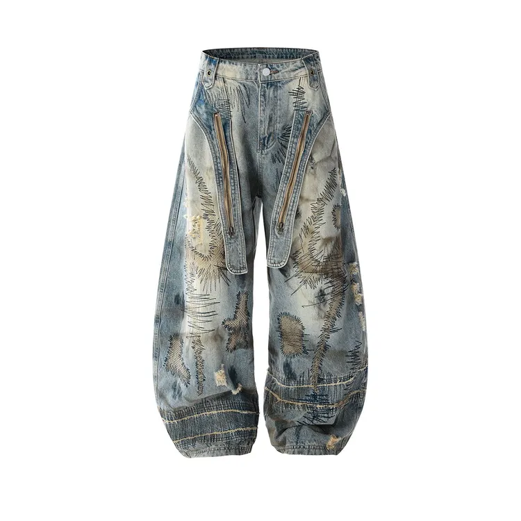 25SS【鹿晗同款】废土风脏脏做旧重工刺绣牛仔裤男款宽松阔腿弯刀裤