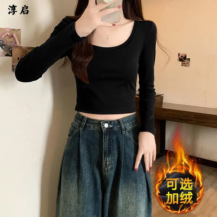 淳启2025新款秋冬低圆领打底衫女加绒内搭小个子短款时尚长袖上衣
