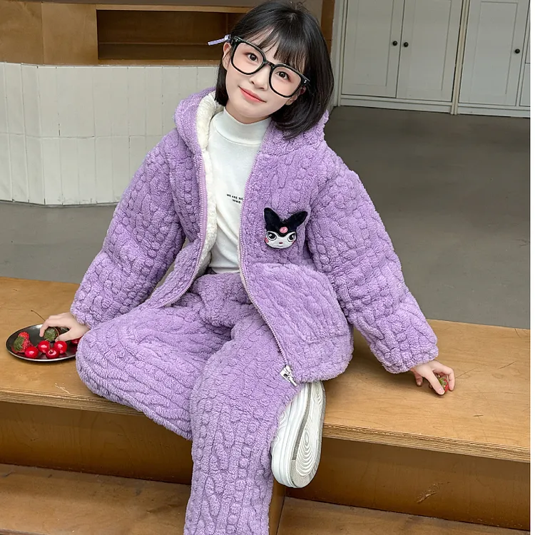 儿童冬季加绒加厚睡衣女童男童中大童加厚连帽外穿保暖家居服套装