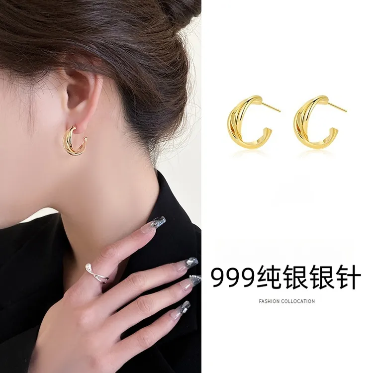 足银耳饰 999纯银针素圈复古港风耳环女2025款高级感耳圈耳钉耳饰