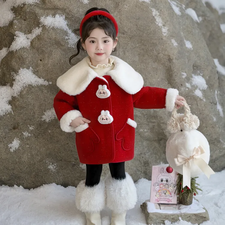 女童拉布布2025冬季新款过年服洋气加绒加厚皮毛一体毛呢大衣甜美