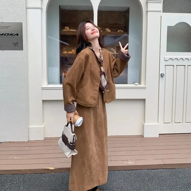 2025春秋新款高级感复古麂皮绒套装裙气质韩系美拉德老钱风两件套