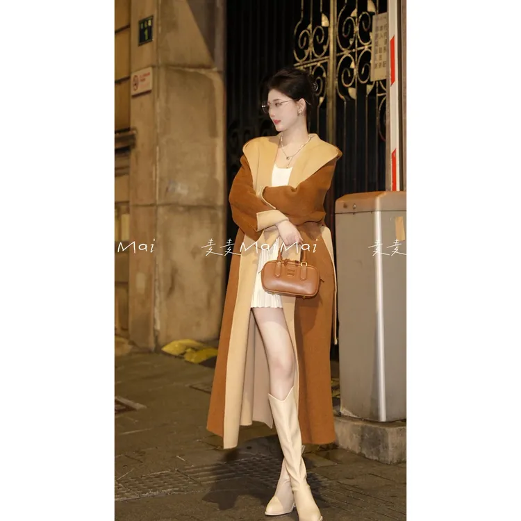 2025秋冬双色时尚气质连帽长款双面羊毛大衣【2518】