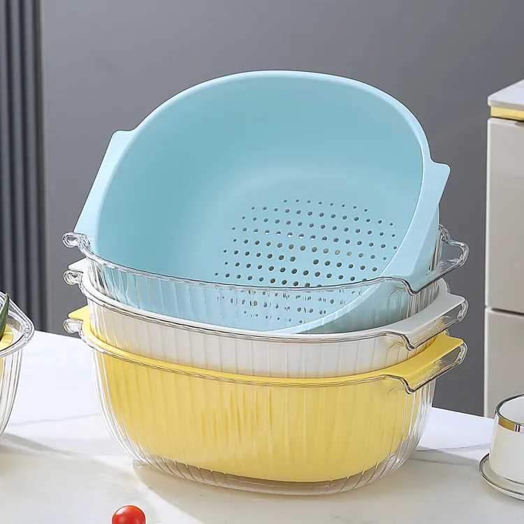 双层洗菜盆沥水篮塑料菜篮子纯色洗菜盆椭圆茶几客厅水果盘镂空篮