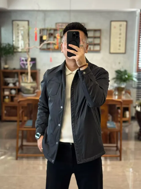 878213欧货秋季时尚商务桑蚕丝填充拼羊皮翻领男士薄棉外套