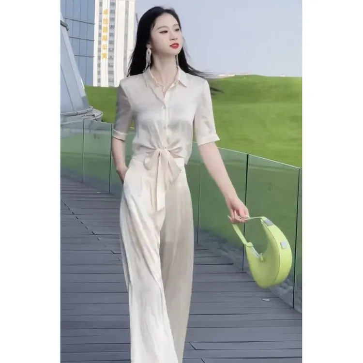 高端网红爆款时尚套装女2024夏季新款韩版系带显瘦短衬衫+阔腿裤