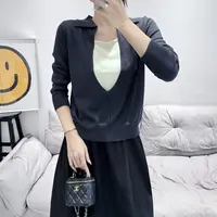 【大美丽定制】2025早秋新款时尚圆领拼接假两件长袖针织上衣女