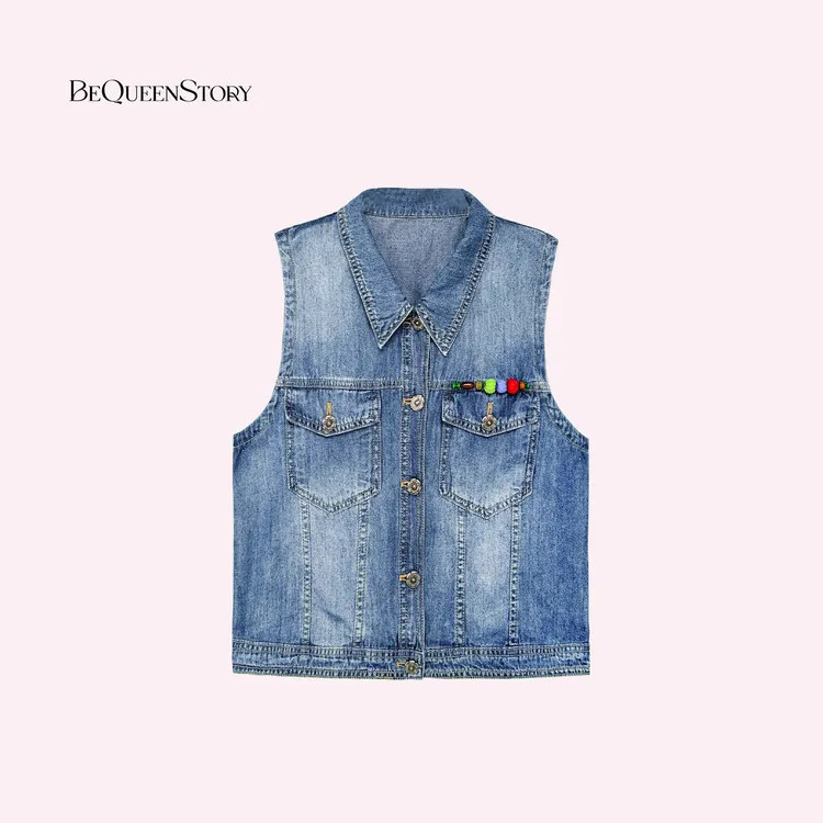 余潇潇【糖果麻豆】设计感复古天丝棉麻时尚翻领无袖牛仔外套