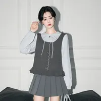 短款假两件长袖衬衫女春秋2025秋新款蝴蝶结系带针织拼接衬衣上衣
