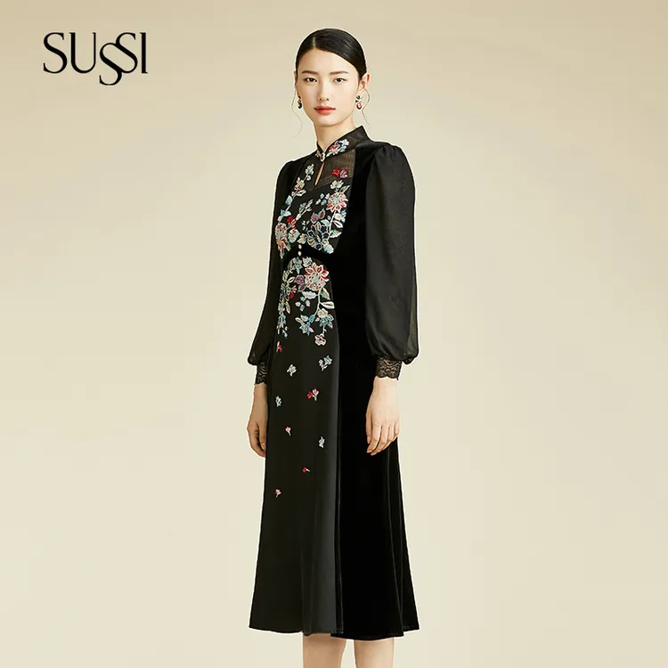 SUSSI/古色【庄周之梦】24秋冬黑新中式改良旗袍女刺绣泡泡袖连衣裙