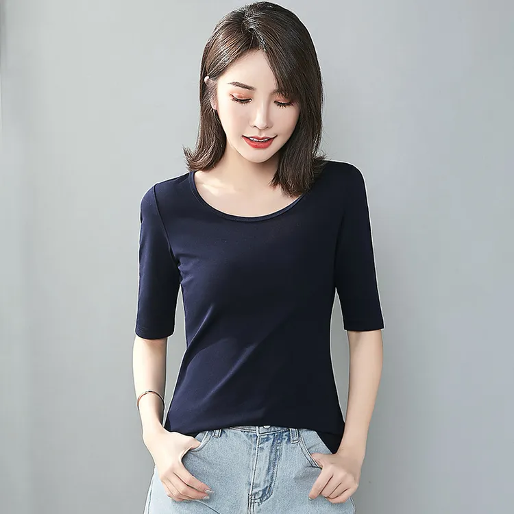 藏蓝色中袖七分袖t恤女2025年春季新款打底衫内搭早秋体恤上衣女