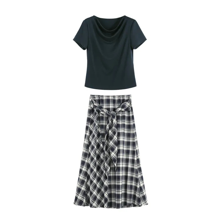 【TK】套装女装夏装新款圆领短袖上衣高腰格纹裙子两件套HCZW651909