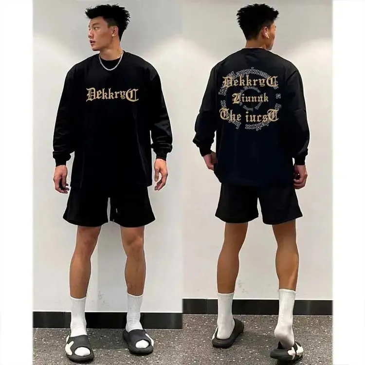 hiphop潮牌街头重磅纯棉长袖t恤男秋季美式复古圆圈字母印花上衣