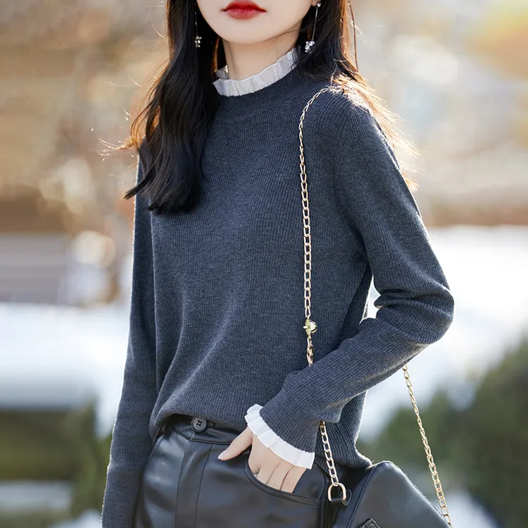 SM潮流半高领黑色毛针织衫女秋冬新款木耳边蕾丝拼接内搭打底上衣