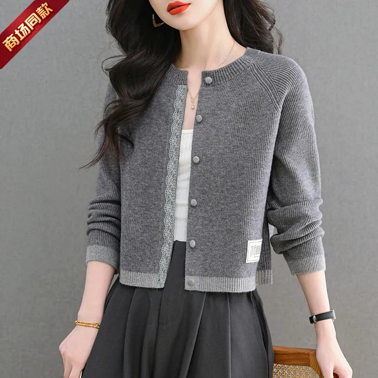 专柜精品羊绒衫女100%羊绒早秋新款设计感宽松时尚针织短款开衫女