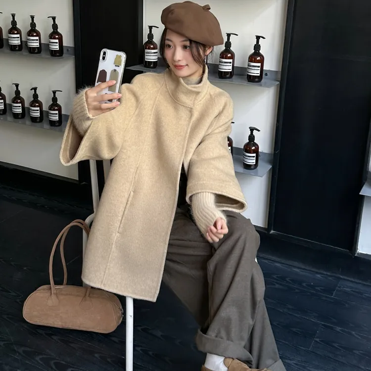 B002新款立领腰带设计双面羊毛大衣中长款休闲风毛呢外套