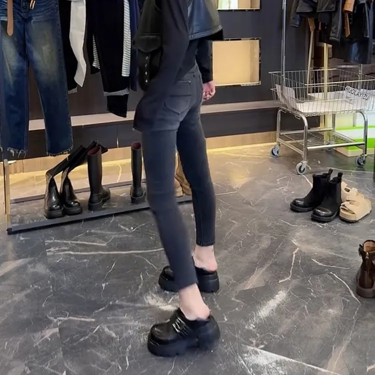 黑灰高腰弹力小脚牛仔裤女秋冬加绒加厚修身显瘦小个子九分铅笔裤