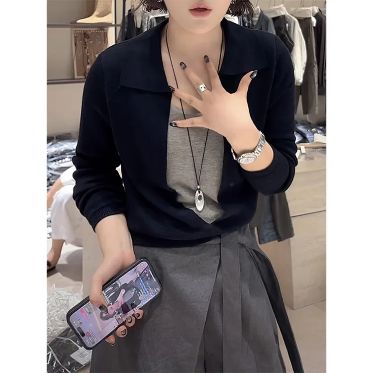 气质翻领拼接假两件长袖t恤女装秋季2025新款女士内搭打底衫上衣