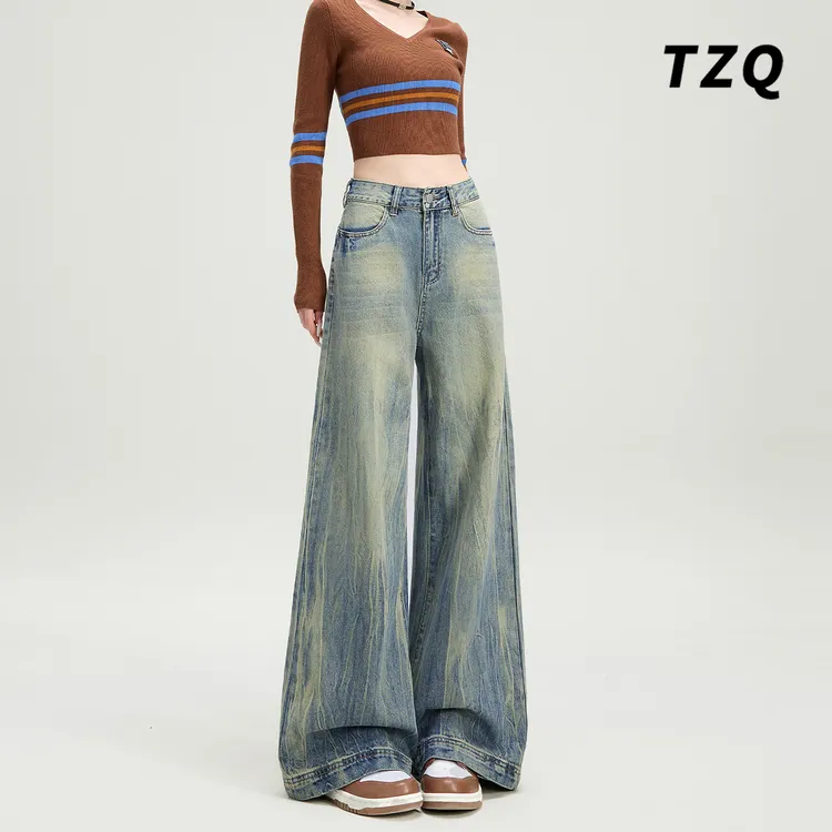 2025秋季新款美式牛仔裤女百搭高腰宽松显瘦直筒裤子TZQ25010750