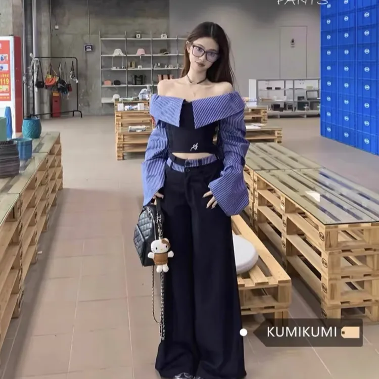 韩国小镇~辣妹一字肩条纹拼接衬衫春季休闲裤百搭阔腿长裤两件套