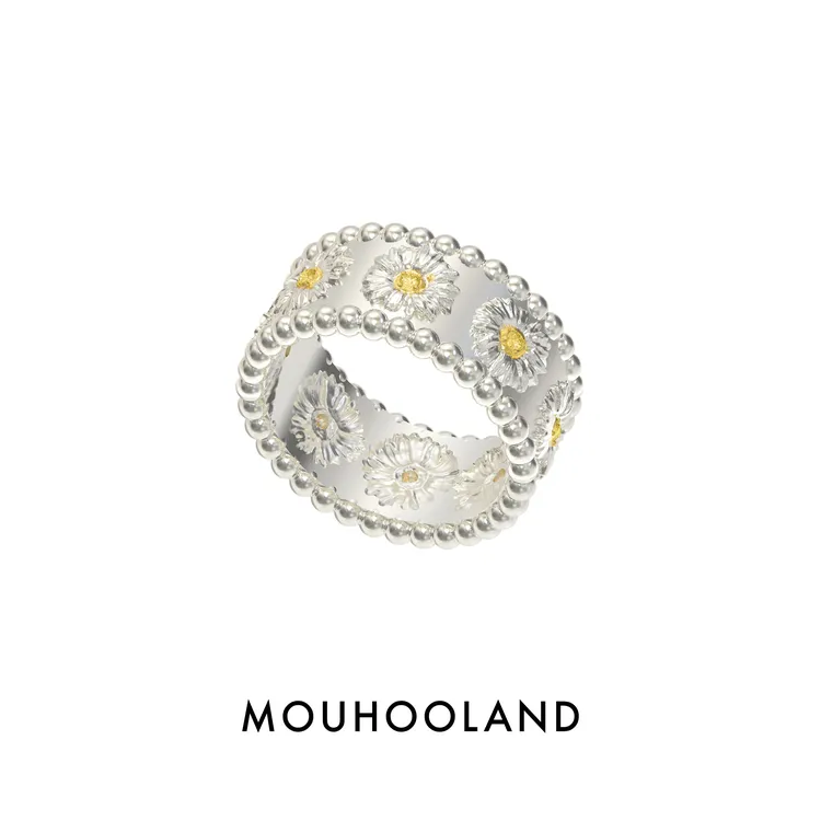 Mouhooland/暮后之地 925银锆石戒指 雏菊珠珠戒小众宽戒
