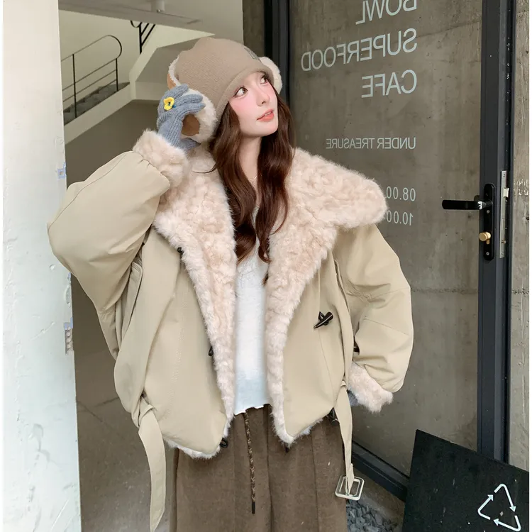 卡其色大翻毛领派克羽绒服女冬装2026新款小个子韩系时尚90绒外套