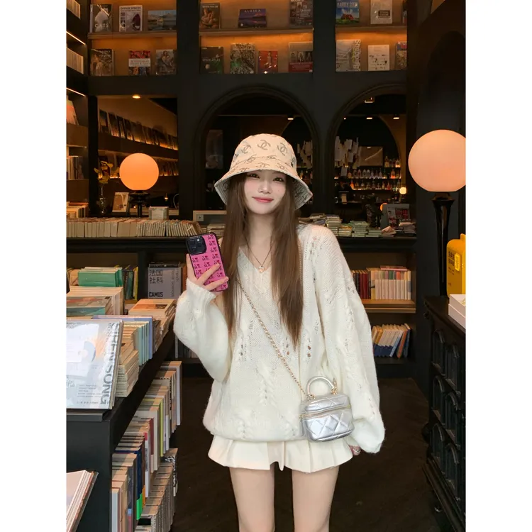 慵懒风不褪色复古韩版女镂空毛针织衫~立体感半裙套装Y3391V1210