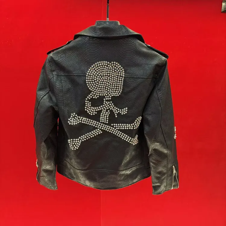 FLD定制25秋季新款潮流镶钻骷髅头鱼纹短款皮衣美式皮衣夹克男士