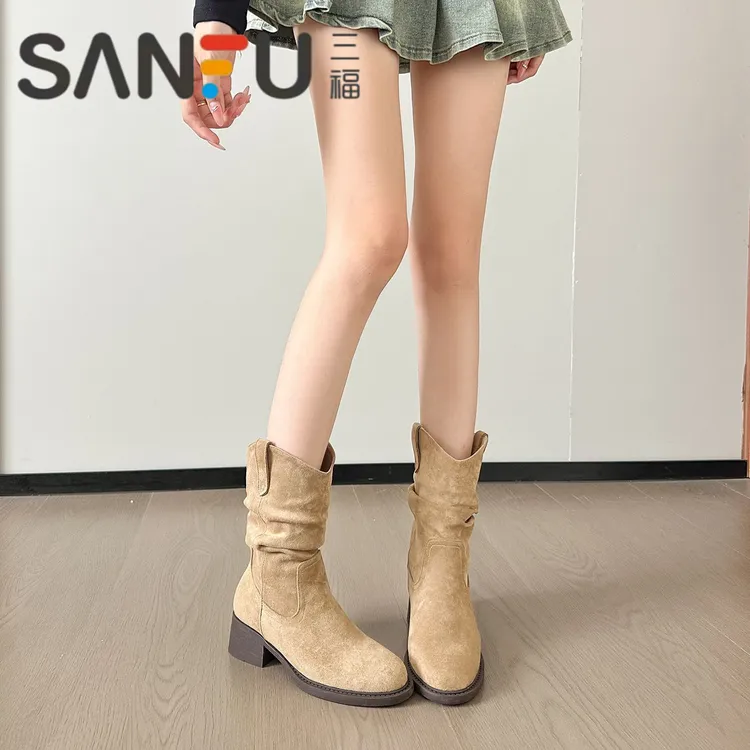 三福堆堆靴秋季新款美拉德马丁靴女粗跟增高牛仔靴中筒靴百搭短靴