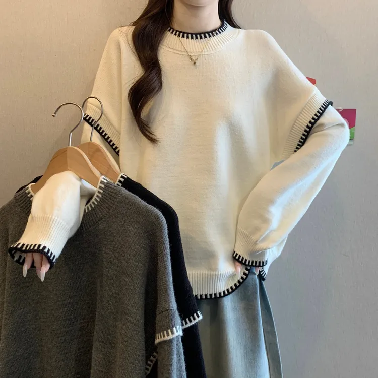 慵懒风正肩加厚毛衣针织衫女新款冬季大码胖mm内搭打底衫上衣