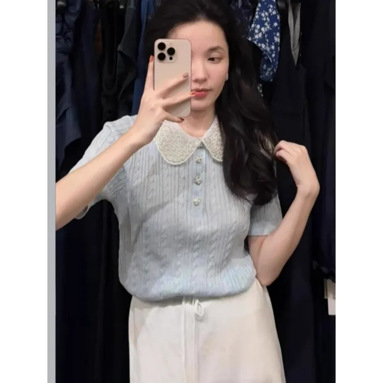 蓝色娃娃领短袖女上衣夏薄款轻奢高级感减龄法式小香风t恤针织衫