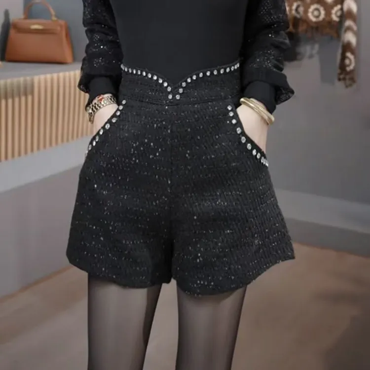 粗花毛呢短裤女2025新款秋冬季高腰亮片黑色外穿a字阔腿休闲靴裤