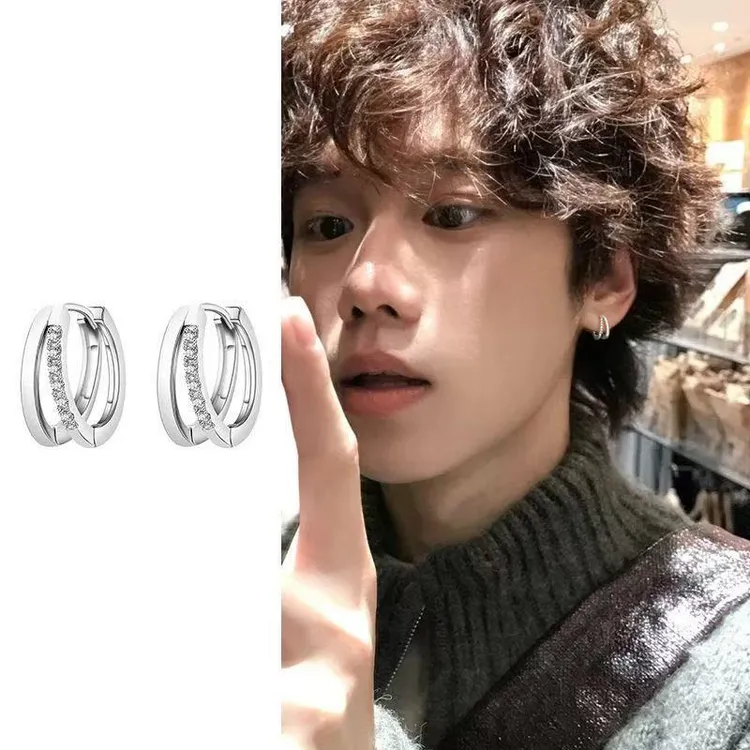 合金合成锆石耳饰 小众设计男士单只双环耳扣简约耳钉男耳饰耳圈