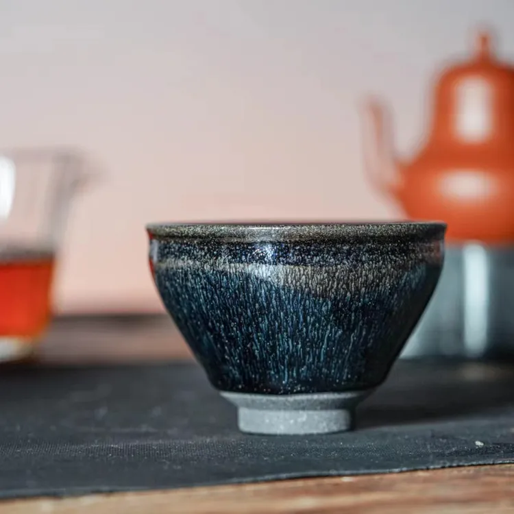 君爻建盏.流星系列.银兔毫束口盏建阳建窑经典铁胎建盏主人杯