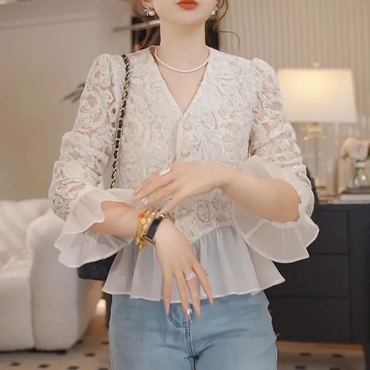 灿星锦衣~亮片蕾丝衬衫女设计感修身显瘦上衣LK2502609